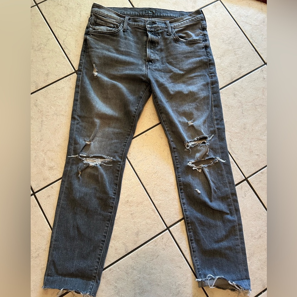 MOTHER Distressed Charcoal Skinny Jeans